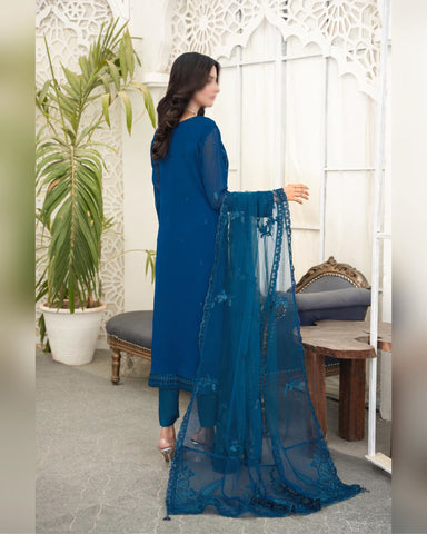Zarlish Organza Semi Stitched Chiffon Dupatta Coll D-02 Oriental Blue