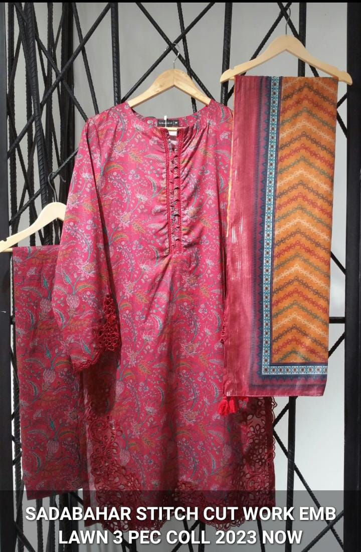 D-107  SADABAHAR EMBROIDERED LAWN CUTWORK COLL"23 STITCHED 3 PIECE