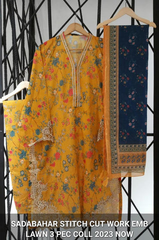 D-108  SADABAHAR EMBROIDERED LAWN CUTWORK COLL"23 STITCHED 3 PIECE