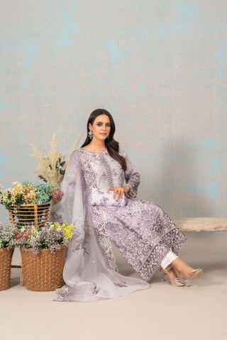 SHIRIN by Tawakkal Fabrics | Fancy Heavy Embroidered Organza 3 Piece Suit with Clutch D-2