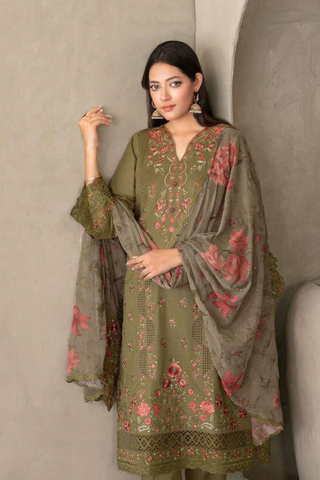 ZAYRA by Tawakkal Fabrics | Fancy Embroidered Cross Slub Lawn 3 Piece Semi-Stitched Suit D-5