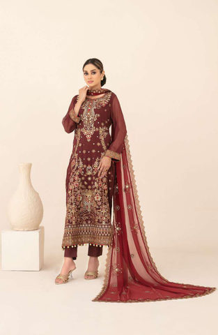 Libaas-E-Ishq by Tawakkal Fabrics | Fancy Embroidered Chiffon 3 Piece Semi-Stitched Suit D-1