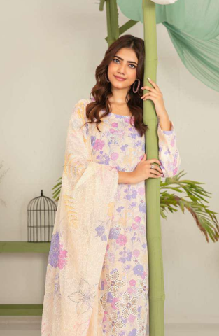 Sionya by Tawakkal Fabrics | Embroidered Digital Cross Slub Lawn 3 Piece Unstitched Suit D-4