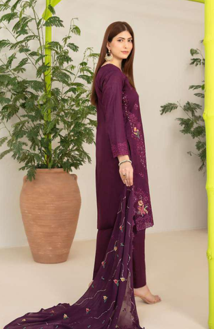 Nadia by Tawakkal Fabrics | Fancy Embroidered Cross Slub Lawn 3 Piece Unstitched Suit D-1