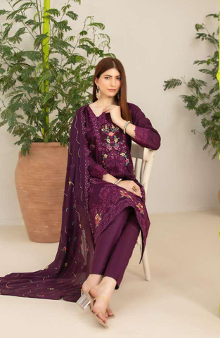 Nadia by Tawakkal Fabrics | Fancy Embroidered Cross Slub Lawn 3 Piece Unstitched Suit D-1