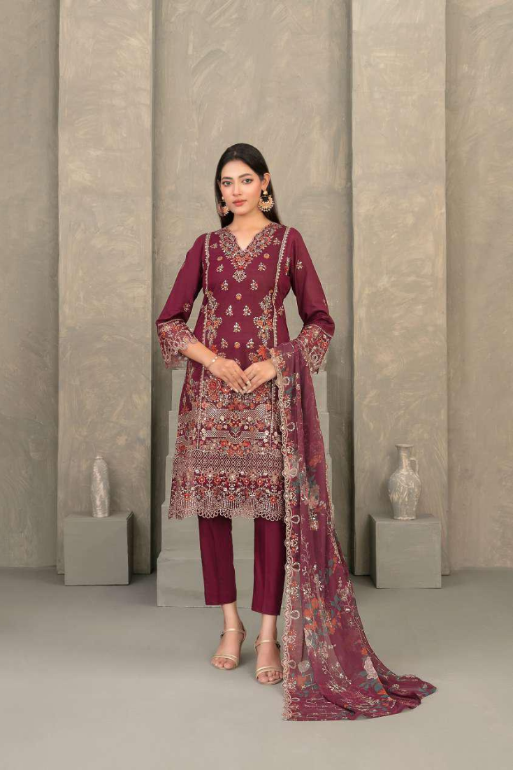ZAYRA by Tawakkal Fabrics | Fancy Embroidered Cross Slub Lawn 3 Piece Semi-Stitched Suit D-6