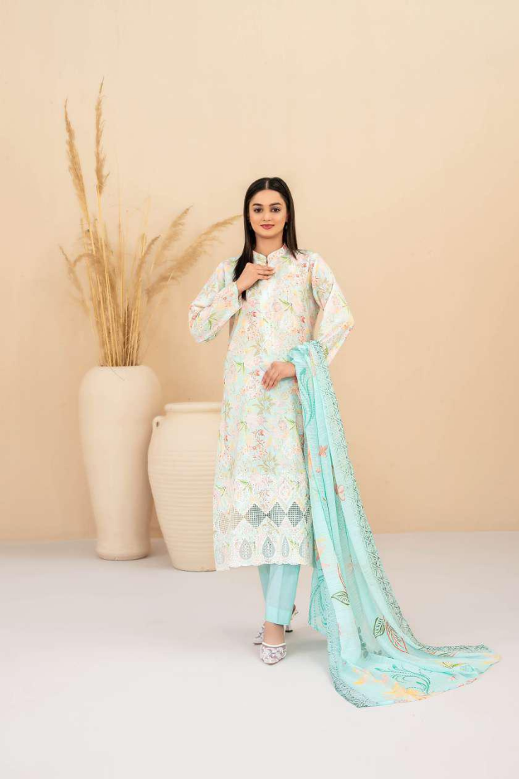 Eshanah by Tawakkal Fabrics | Embroidered Digital Printed Cross Slub Lawn 3 Piece Unstitched Suit D-2