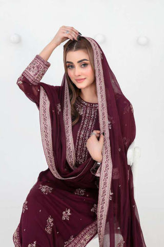 SATORI by Tawakkal Fabrics | Fancy Embroidered Chiffon 3 Piece Semi-Stitched Suit D-6