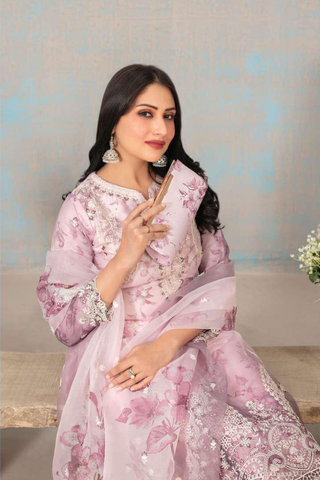 SHIRIN by Tawakkal Fabrics | Fancy Heavy Embroidered Organza 3 Piece Suit with Clutch D-3