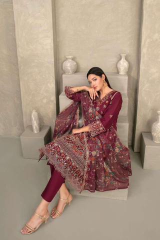 ZAYRA by Tawakkal Fabrics | Fancy Embroidered Cross Slub Lawn 3 Piece Semi-Stitched Suit D-6