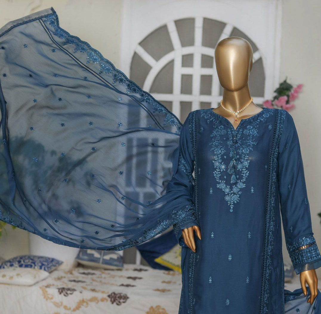 D- PERSIAN BLUE 132-HZ Textiles Embroidered Formal Chiffon RTW Coll'23 Vol 02 3 Piece Stitched