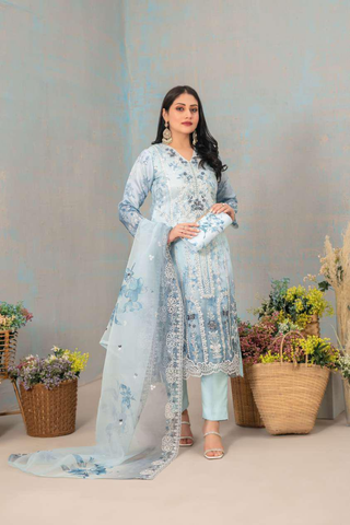 SHIRIN by Tawakkal Fabrics | Fancy Heavy Embroidered Organza 3 Piece Suit with Clutch D-4