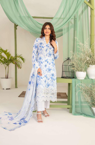 Sionya by Tawakkal Fabrics | Embroidered Digital Cross Slub Lawn 3 Piece Unstitched Suit D-6