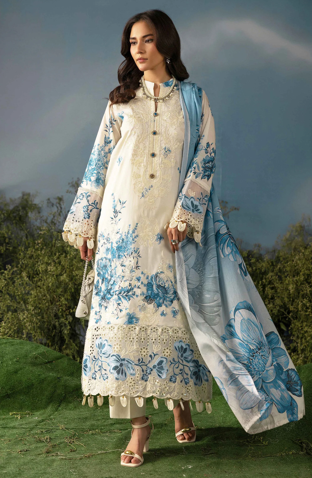Luxury Embroidered Lawn Unstitched 3 Piece Suit Butterfly by Riaz Arts D-4