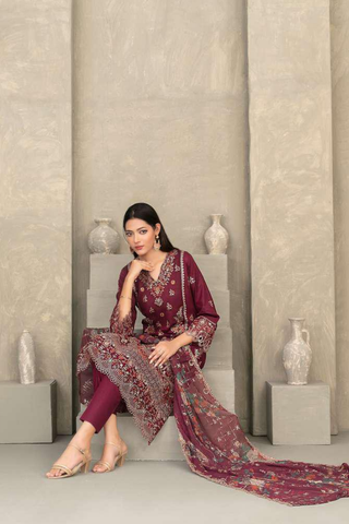 ZAYRA by Tawakkal Fabrics | Fancy Embroidered Cross Slub Lawn 3 Piece Semi-Stitched Suit D-6