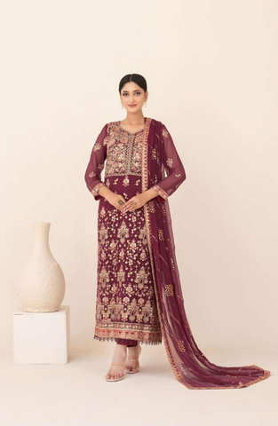 Libaas-E-Ishq by Tawakkal Fabrics | Fancy Embroidered Chiffon 3 Piece Semi-Stitched Suit D-3