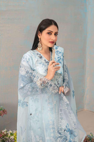 SHIRIN by Tawakkal Fabrics | Fancy Heavy Embroidered Organza 3 Piece Suit with Clutch D-4