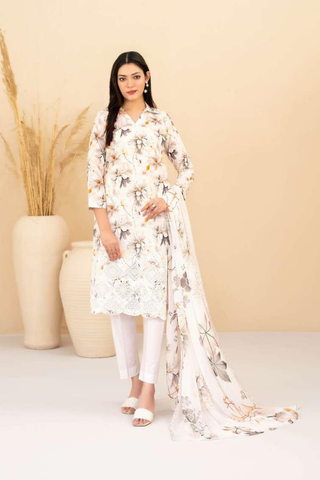 Eshanah by Tawakkal Fabrics | Embroidered Digital Printed Cross Slub Lawn 3 Piece Unstitched Suit D-4
