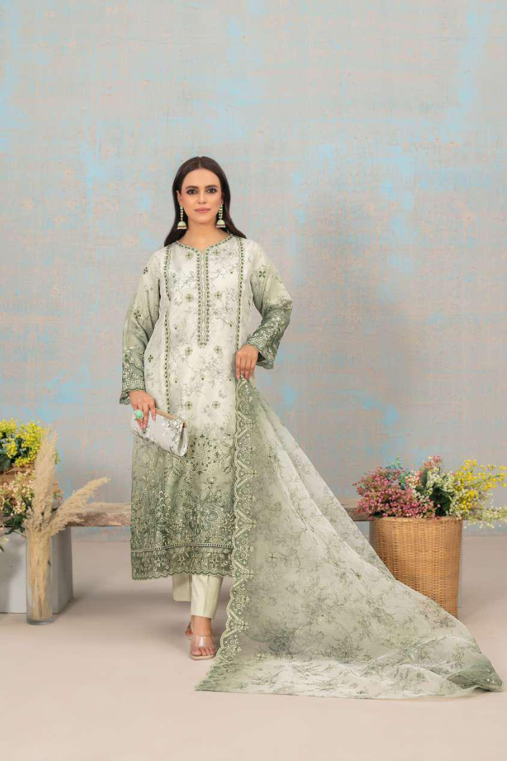 SHIRIN by Tawakkal Fabrics | Fancy Heavy Embroidered Organza 3 Piece Suit with Clutch D-5