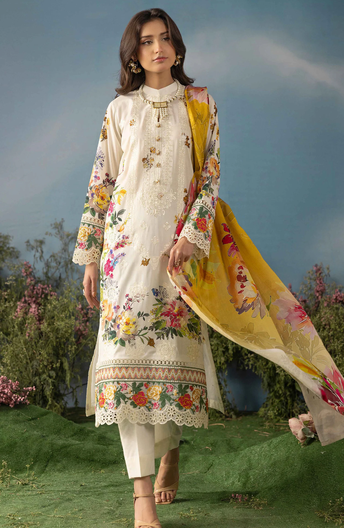 Luxury Embroidered Lawn Unstitched 3 Piece Suit Butterfly by Riaz Arts D-5