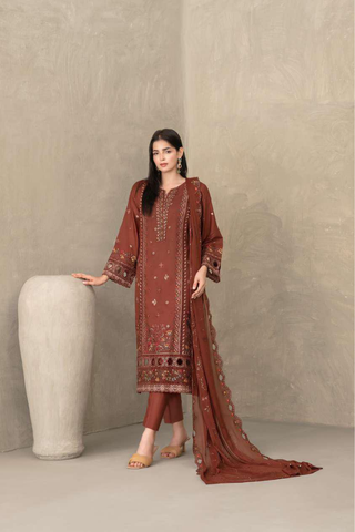 ZAYRA by Tawakkal Fabrics | Fancy Embroidered Cross Slub Lawn 3 Piece Semi-Stitched Suit D-8