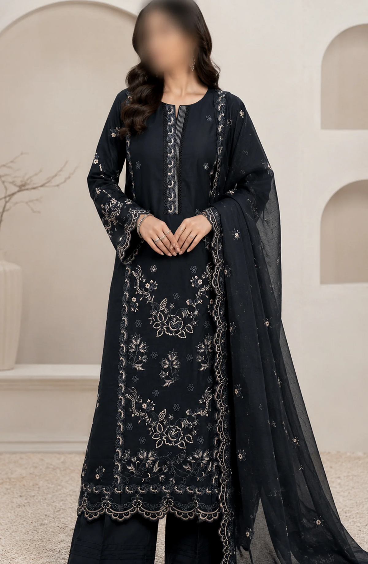 Kajal Monochrome by Amna Khadija | Embroidered Lawn 3 Piece Stitched Suit D-1
