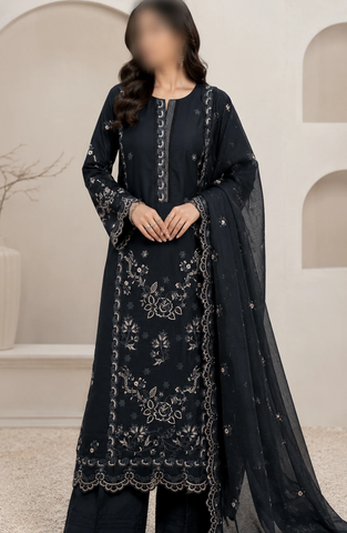 Kajal Monochrome by Amna Khadija | Embroidered Lawn 3 Piece Stitched Suit D-1