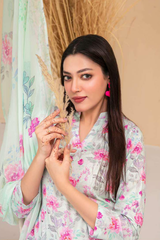 Eshanah by Tawakkal Fabrics | Embroidered Digital Printed Cross Slub Lawn 3 Piece Unstitched Suit D-5