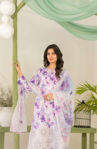 Sionya by Tawakkal Fabrics | Embroidered Digital Cross Slub Lawn 3 Piece Unstitched Suit D-7