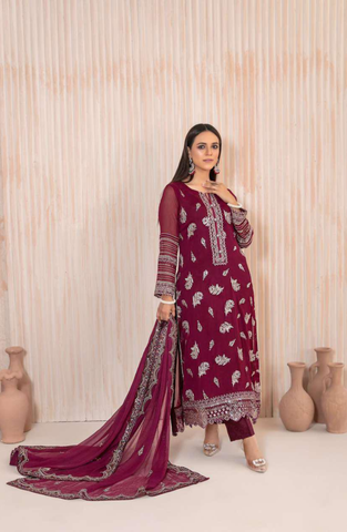 Lashkara by Tawakkal Fabrics | Fancy Embroidered Chiffon 3 Piece Semi-Stitched Suit D-1