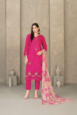 ZAYRA by Tawakkal Fabrics | Fancy Embroidered Cross Slub Lawn 3 Piece Semi-Stitched Suit D-1