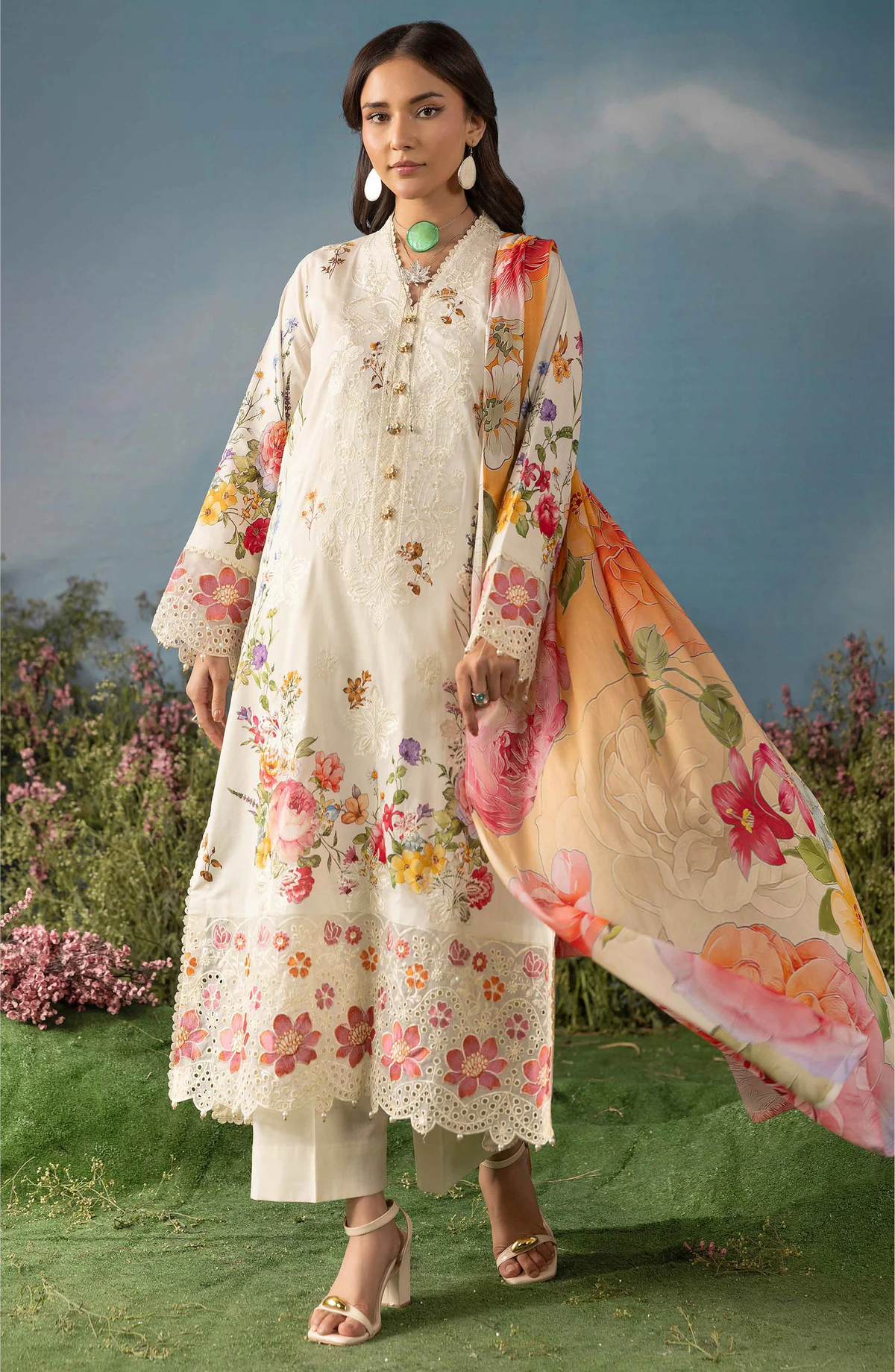Luxury Embroidered Lawn Unstitched 3 Piece Suit Butterfly by Riaz Arts D-1