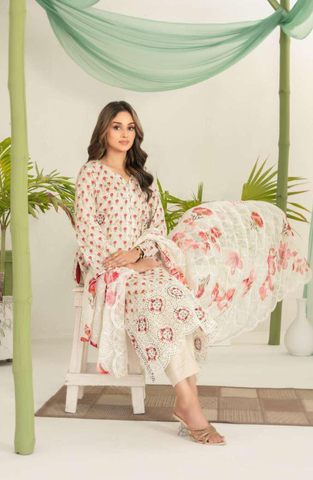 Sionya by Tawakkal Fabrics | Embroidered Digital Cross Slub Lawn 3 Piece Unstitched Suit D-1