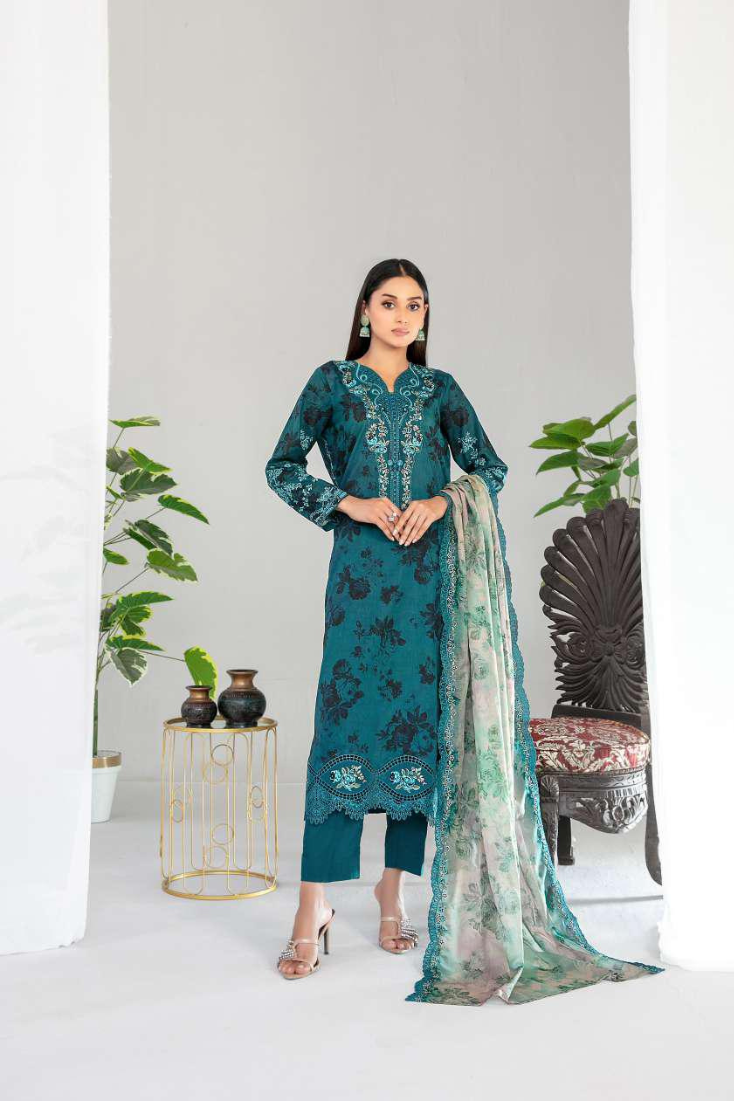 Teyana by Tawakkal Fabrics | Embroidered Digital Printed Lawn 3 Piece Unstitched Suit D-4