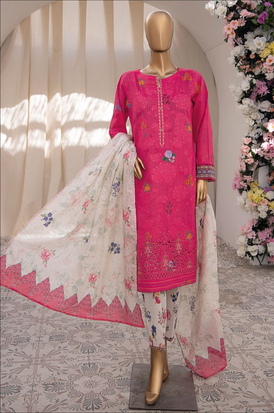 Nayab Vol 02 by HZ Textile Emb Lawn Unstitched 3 Piece  -08 Hot Pink - Summer Collection