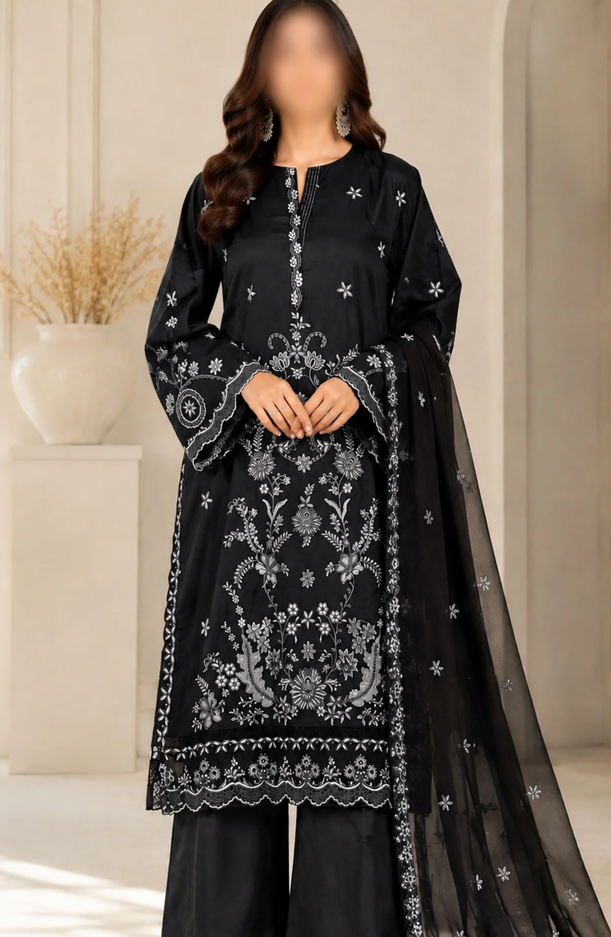 Kajal Monochrome by Amna Khadija | Embroidered Lawn 3 Piece Stitched Suit D-2