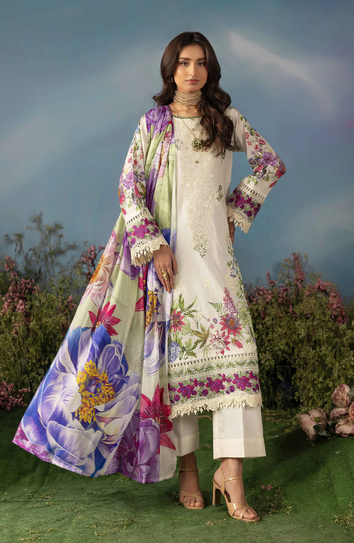 Luxury Embroidered Lawn Unstitched 3 Piece Suit Butterfly by Riaz Arts D-8