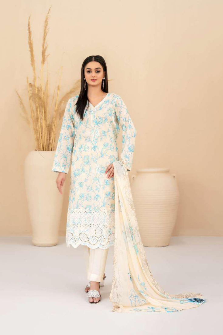 Eshanah by Tawakkal Fabrics | Embroidered Digital Printed Cross Slub Lawn 3 Piece Unstitched Suit D-9
