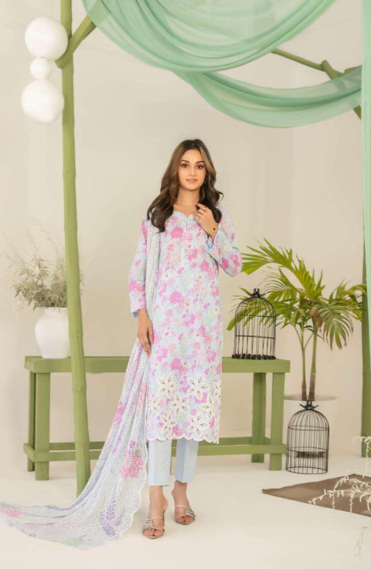Sionya by Tawakkal Fabrics | Embroidered Digital Cross Slub Lawn 3 Piece Unstitched Suit D-12