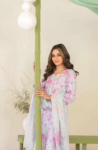 Sionya by Tawakkal Fabrics | Embroidered Digital Cross Slub Lawn 3 Piece Unstitched Suit D-12