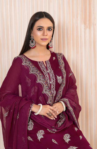 Lashkara by Tawakkal Fabrics | Fancy Embroidered Chiffon 3 Piece Semi-Stitched Suit D-1