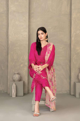 ZAYRA by Tawakkal Fabrics | Fancy Embroidered Cross Slub Lawn 3 Piece Semi-Stitched Suit D-1