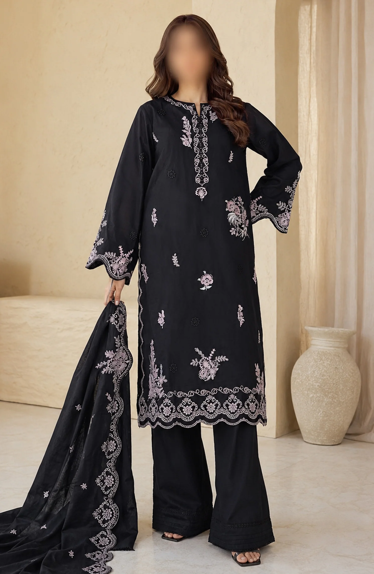 Kajal Monochrome by Amna Khadija | Embroidered Lawn 3 Piece Stitched Suit D-4