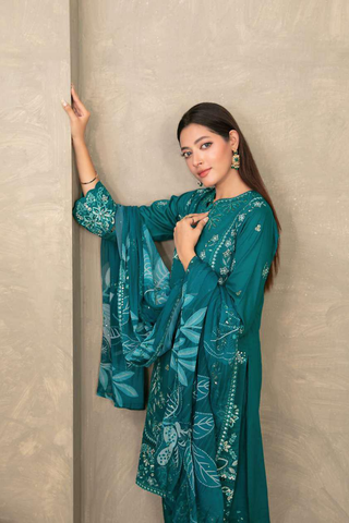 ZAYRA by Tawakkal Fabrics | Fancy Embroidered Cross Slub Lawn 3 Piece Semi-Stitched Suit D-2