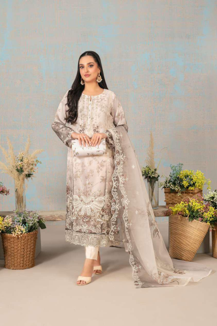 SHIRIN by Tawakkal Fabrics | Fancy Heavy Embroidered Organza 3 Piece Suit with Clutch D-7