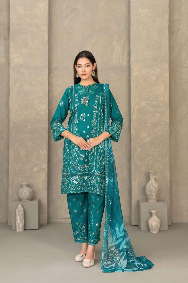 ZAYRA by Tawakkal Fabrics | Fancy Embroidered Cross Slub Lawn 3 Piece Semi-Stitched Suit D-2