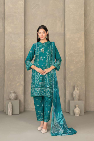 ZAYRA by Tawakkal Fabrics | Fancy Embroidered Cross Slub Lawn 3 Piece Semi-Stitched Suit D-2