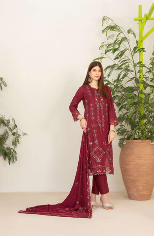 Nadia by Tawakkal Fabrics | Fancy Embroidered Cross Slub Lawn 3 Piece Unstitched Suit D-6