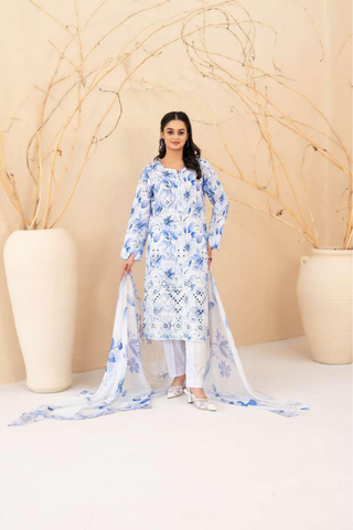 Eshanah by Tawakkal Fabrics | Embroidered Digital Printed Cross Slub Lawn 3 Piece Unstitched Suit D-12