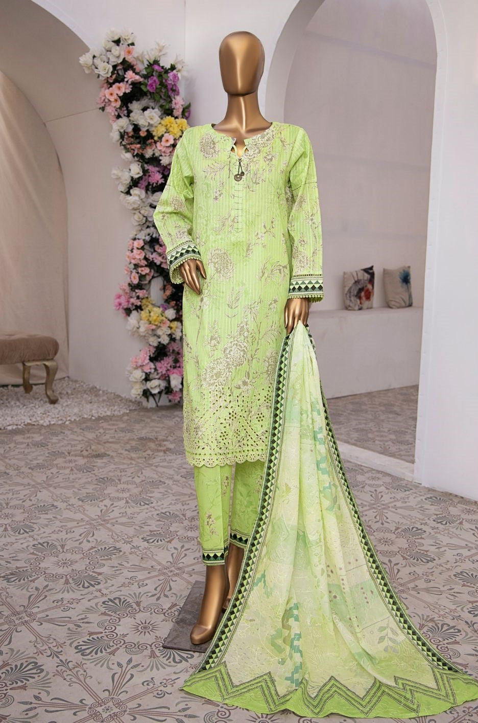 Nayab Vol 02 by HZ Textile Emb Lawn Unstitched 3 Piece  -02 Lime Green - Summer Collection